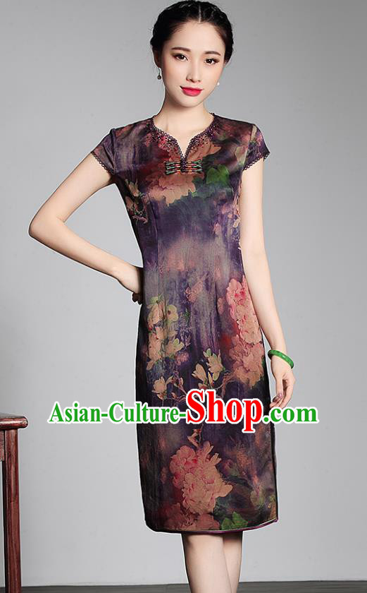Asian Republic of China Young Lady Retro Stand Collar Purple Watered Gauze Cheongsam, Traditional Chinese Qipao Tang Suit Dress for Women