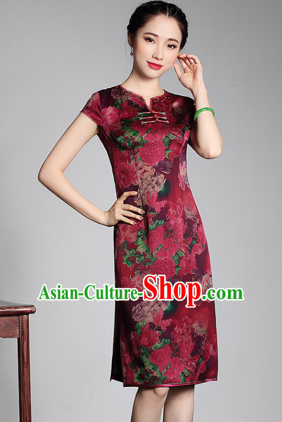 Asian Republic of China Young Lady Retro Stand Collar Red Watered Gauze Cheongsam, Traditional Chinese Qipao Tang Suit Dress for Women