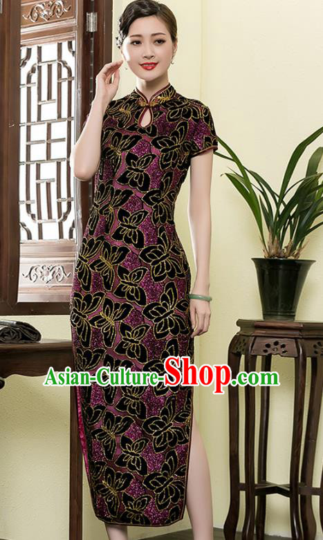 Asian Republic of China Young Lady Retro Stand Collar Velvet Cheongsam, Traditional Chinese Printing Qipao Tang Suit Dress for Women