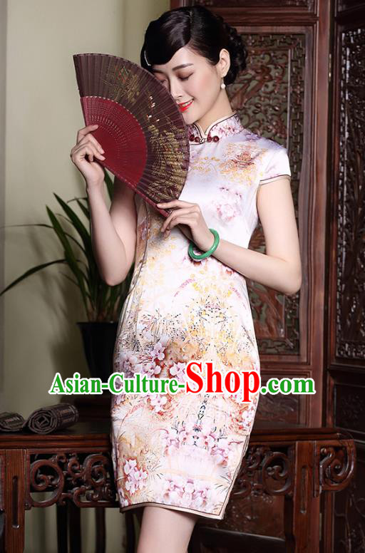 Asian Republic of China Young Lady Retro Stand Collar Silk Cheongsam, Traditional Chinese Printing Qipao Tang Suit Dress for Women