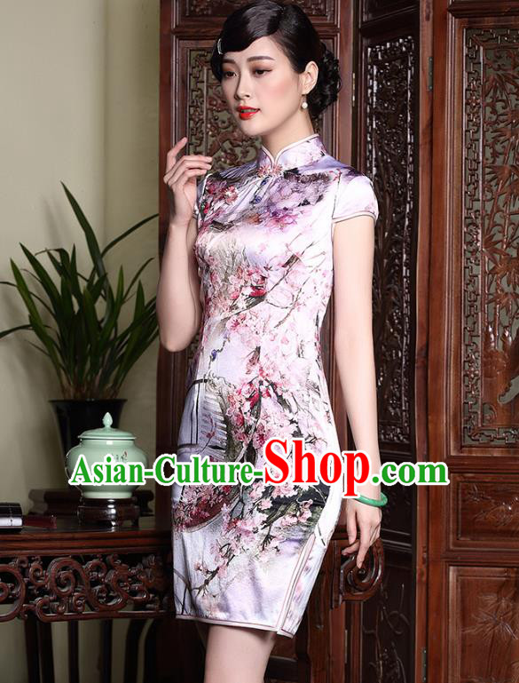 Asian Republic of China Young Lady Retro Stand Collar Silk Short Cheongsam, Traditional Chinese Printing Qipao Tang Suit Dress for Women