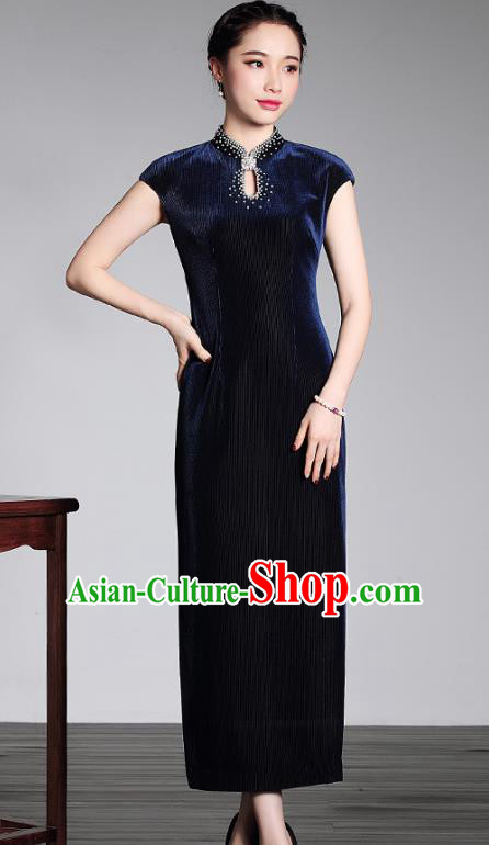 Asian Republic of China Young Lady Retro Plated Buttons Blue Velvet Cheongsam, Traditional Chinese Qipao Tang Suit Dress for Women