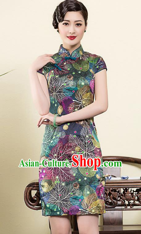 Asian Republic of China Young Lady Retro Plated Buttons Printing Cheongsam, Traditional Chinese Silk Qipao Tang Suit Dress for Women