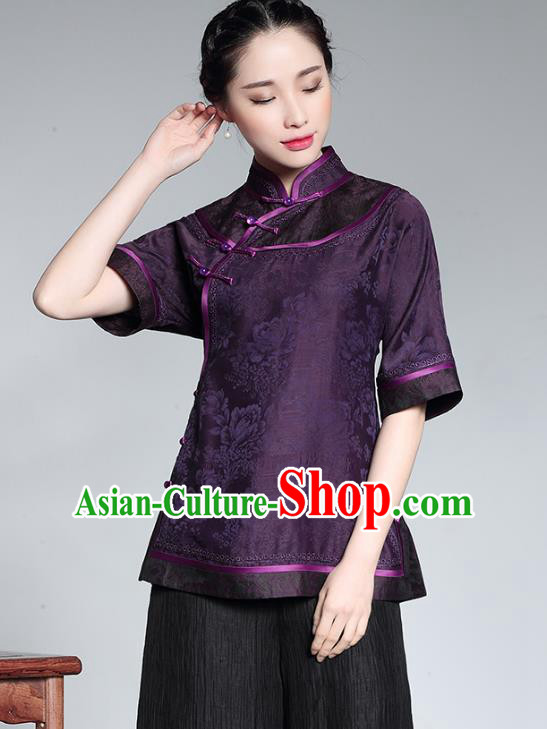Asian Republic of China Young Lady Retro Plated Buttons Purple Cheongsam Blouse, Traditional Chinese Silk Qipao Shirts Tang Suit Upper Outer Garment for Women