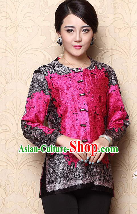 Asian Republic of China Young Lady Retro Plated Buttons Printing Rosy Jacket, Traditional Chinese Tang Suit Upper Outer Garment Coats for Women