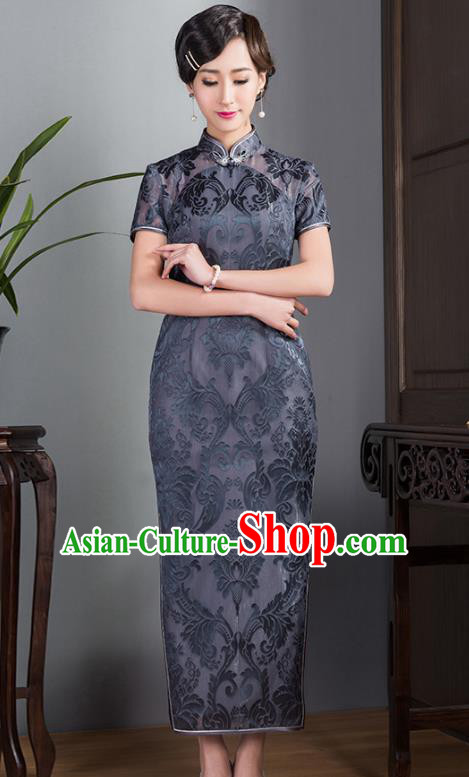 Asian Republic of China Young Lady Retro Plated Buttons Grey Lace Printing Silk Cheongsam, Traditional Chinese Wedding Qipao Tang Suit Dress for Women