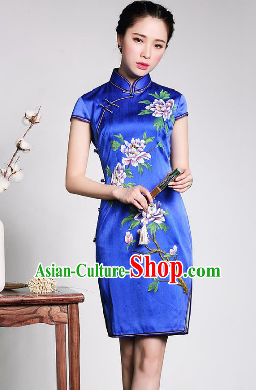 Asian Republic of China Top Grade Plated Buttons Painting Peony Blue Silk Cheongsam, Traditional Chinese Tang Suit Qipao Dress for Women