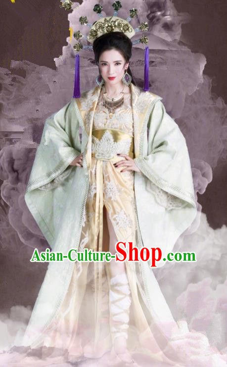 Asian China Tang Dynasty Palace Lady Costume, Traditional Chinese Ancient Imperial Concubine Embroidered Hanfu Clothing and Headpiece Complete Set