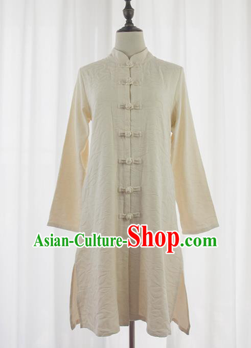Asian China White Linen Plated Buttons Shirt, Traditional Chinese Tang Suit Coats for Women