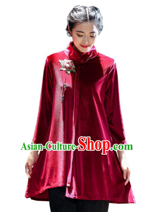 Asian China Embroidered Red Velvet Cheongsam Blouse, Traditional Chinese Tang Suit Hanfu Shirts for Women