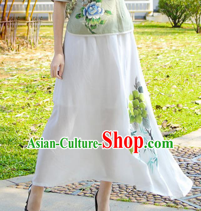 Asian China Hand Painting White Linen Bust Skirt, Traditional Chinese Tang Suit Hanfu Skirts for Women