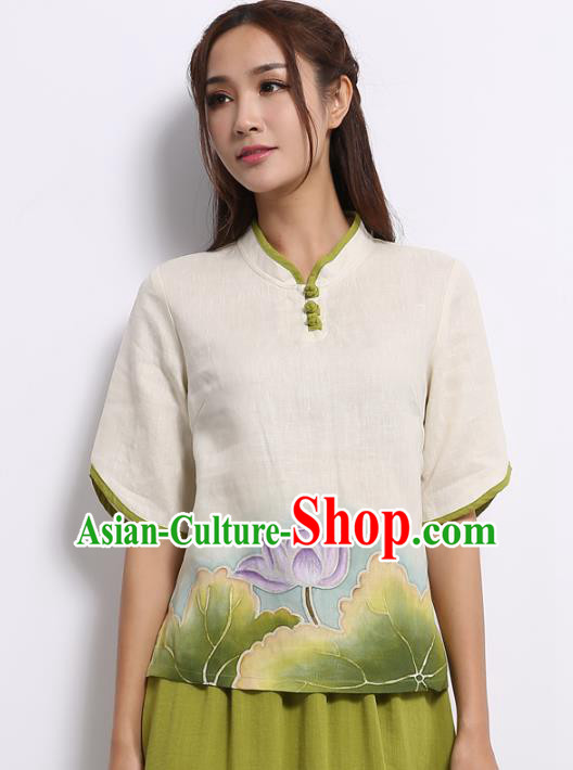 Asian China Top Grade White Linen Hand Painting Green Lotus Cheongsam Blouse, Traditional Chinese Tang Suit Hanfu Plated Button Qipao Shirts for Women