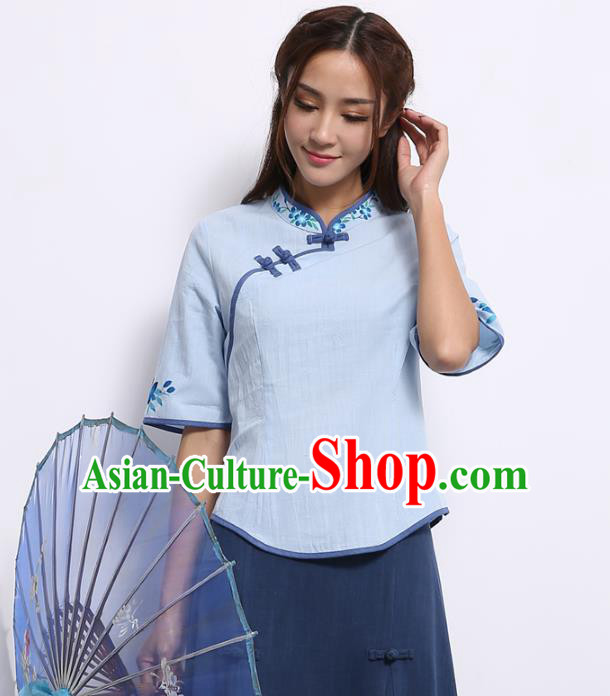 Asian China Top Grade Blue Linen Cheongsam Blouse, Traditional Chinese Tang Suit Hanfu Plated Button Qipao Shirts for Women
