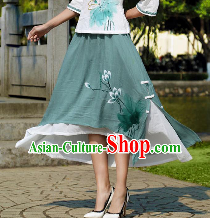 Asian China Hand Painting Green Linen Bust Skirt, Traditional Chinese Tang Suit Hanfu Skirts for Women