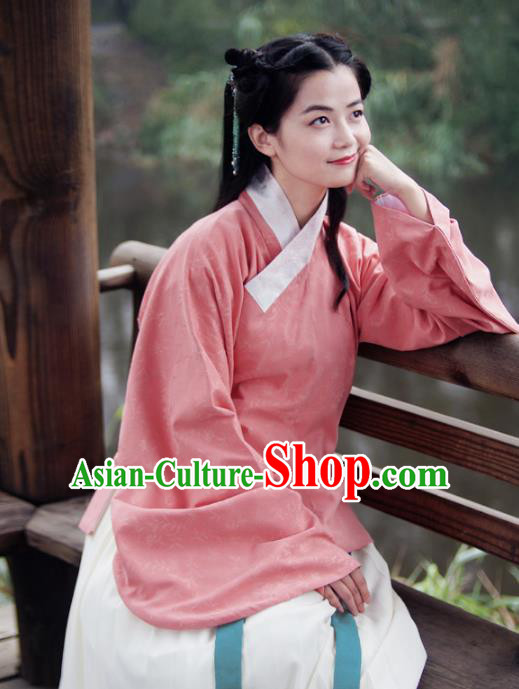 Asian China Ming Dynasty Young Lady Costume Pink Blouse, Traditional Chinese Ancient Princess Embroidered Hanfu Clothing for Women