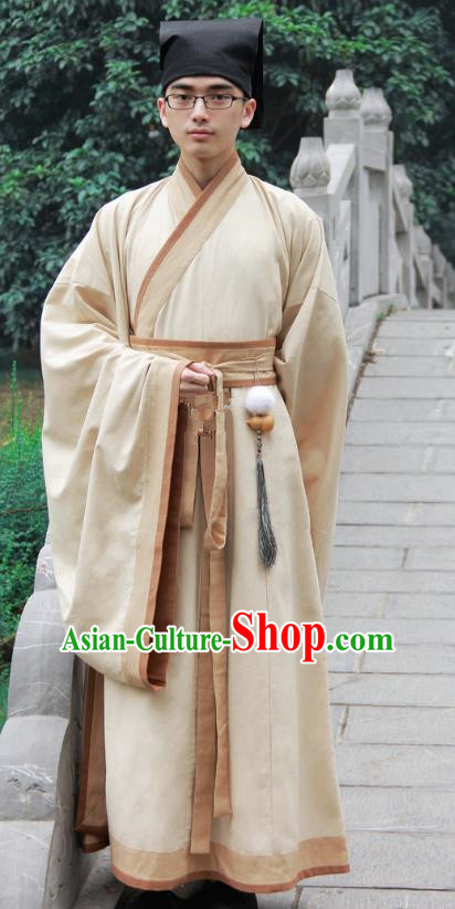 Asian China Han Dynasty Scholar Costume Yellow Long Robe, Traditional Chinese Ancient Chancellor Hanfu Clothing for Men