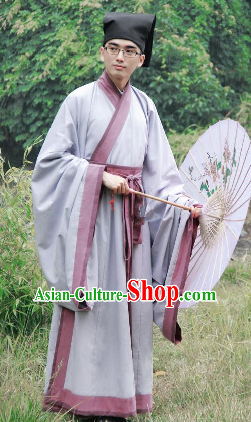 Asian China Han Dynasty Scholar Costume Grey Long Robe, Traditional Chinese Ancient Chancellor Hanfu Clothing for Men