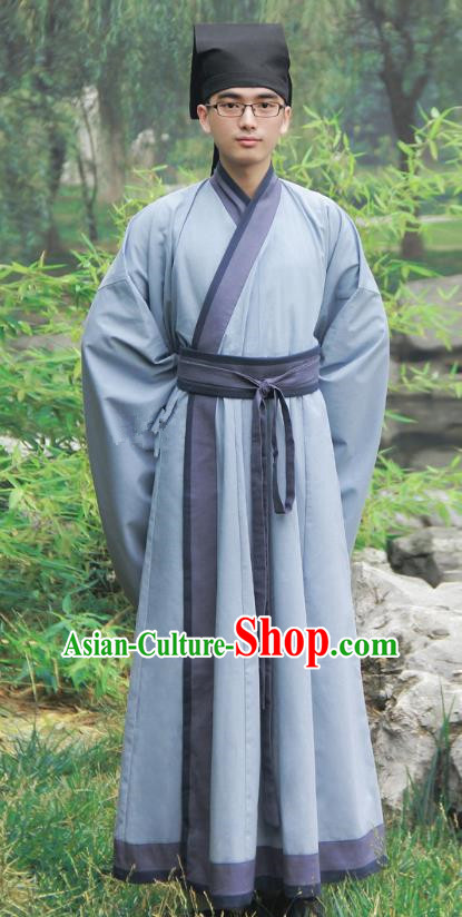 Asian China Han Dynasty Scholar Costume Deep Blue Long Robe, Traditional Chinese Ancient Chancellor Hanfu Clothing for Men