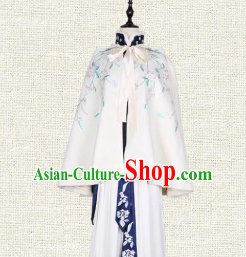 Asian China Ming Dynasty Princess Costume Embroidered White Cape, Traditional Ancient Chinese Palace Lady Embroidery Cloak Clothing for Women
