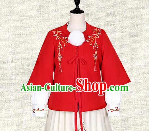 Asian China Ming Dynasty Young Lady Costume Red Embroidered Blouse, Traditional Ancient Chinese Princess Embroidery Hanfu Clothing for Women