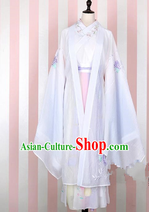 Asian China Han Dynasty Young Lady Embroidered Costume White Wide Sleeve Cardigan, Traditional Ancient Chinese Princess Elegant Hanfu Embroidery Clothing for Women