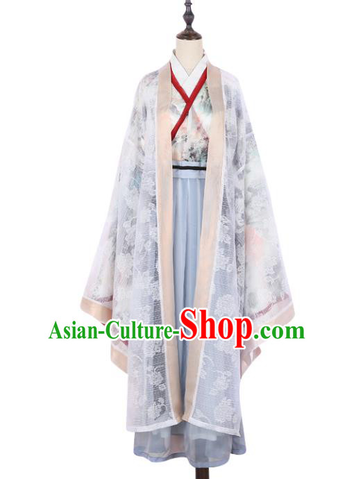 Asian China Jin Dynasty Swordswoman Embroidered Costume Complete Set, Traditional Ancient Chinese Elegant Hanfu Printing Cardigan Clothing for Women