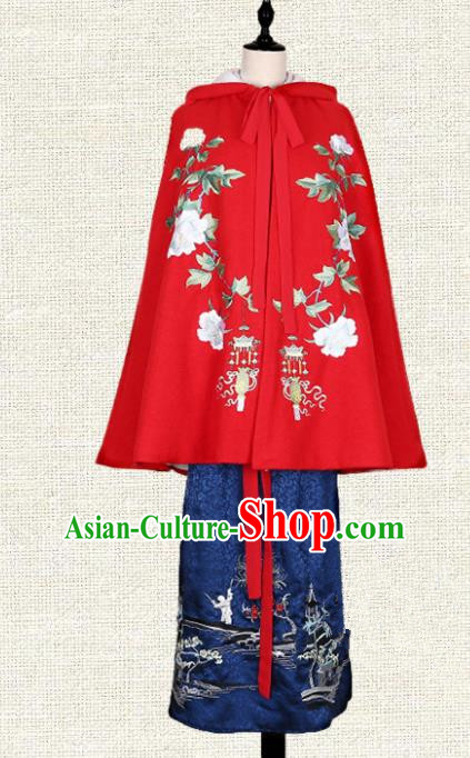 Asian China Ming Dynasty Young Lady Costume Red Embroidered Cape, Traditional Ancient Chinese Elegant Hanfu Mantle Clothing for Women