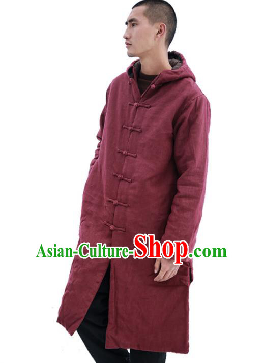 Asian China National Costume Red Cotton-padded Jacket, Traditional Chinese Tang Suit Plated Buttons Dust Coat Clothing for Men