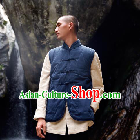 Asian China National Costume Navy Cotton-padded Vest, Traditional Chinese Tang Suit Plated Buttons Waistcoat Clothing for Men