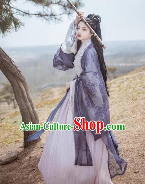 Asian China Jin Dynasty Princess Embroidered Clothing Complete Set, Traditional Ancient Chinese Palace Lady Hanfu Navy Cardigan for Women