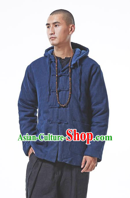 Asian China National Costume Blue Cotton-padded Jacket, Traditional Chinese Tang Suit Plated Buttons Coat Clothing for Men
