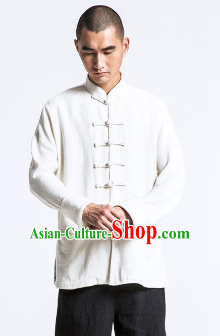 Asian China National Costume White Linen Shirts, Traditional Chinese Tang Suit Plated Buttons Upper Outer Garment Clothing for Men