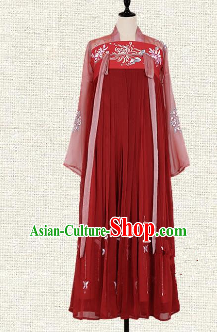 Asian China Tang Dynasty Princess Embroidered Clothing Complete Set, Traditional Ancient Chinese Palace Lady Hanfu Red Slip Skirt for Women