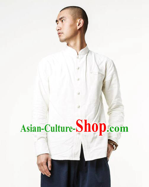 Asian China National Costume Stand Collar White Linen Shirts, Traditional Chinese Tang Suit Plated Buttons Upper Outer Garment Clothing for Men