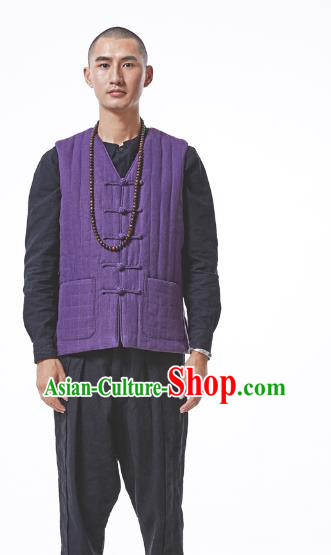 Asian China National Costume Purple Cotton-padded Linen Vest, Traditional Chinese Tang Suit Plated Buttons Waistcoat Clothing for Men