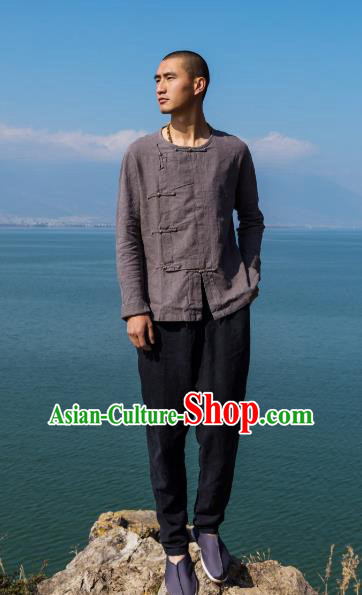 Asian China National Costume Slant Opening Grey Linen Shirts, Traditional Chinese Tang Suit Brass Buttons Upper Outer Garment Clothing for Men
