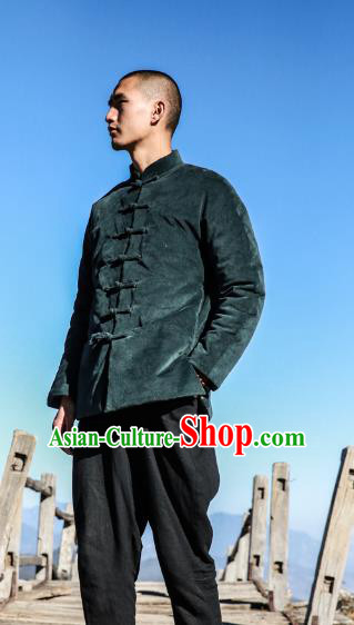 Asian China National Costume Green Corduroy Cotton-padded Jacket, Traditional Chinese Tang Suit Plated Buttons Coat Clothing for Men