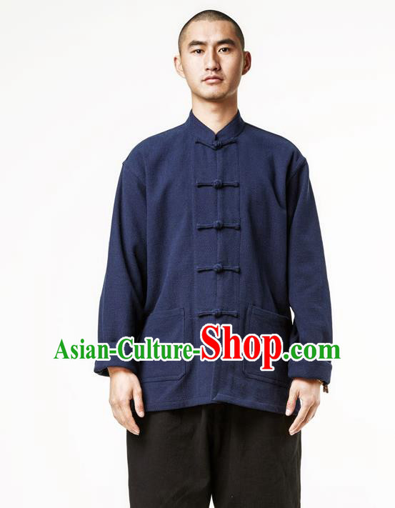 Asian China National Costume Stand Collar Navy Linen Shirts, Traditional Chinese Tang Suit Plated Buttons Upper Outer Garment Clothing for Men