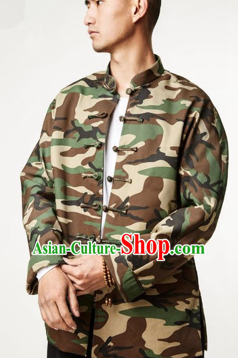 Asian China National Costume Linen Camouflage Jacket, Traditional Chinese Tang Suit Plated Buttons Coat Clothing for Men