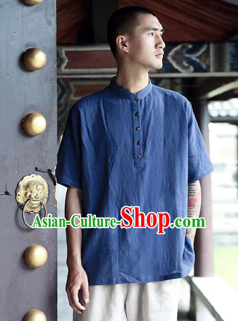 Asian China National Costume Blue Linen Stand Collar T-Shirts, Traditional Chinese Tang Suit Coconut Buttons Upper Outer Garment Clothing for Men