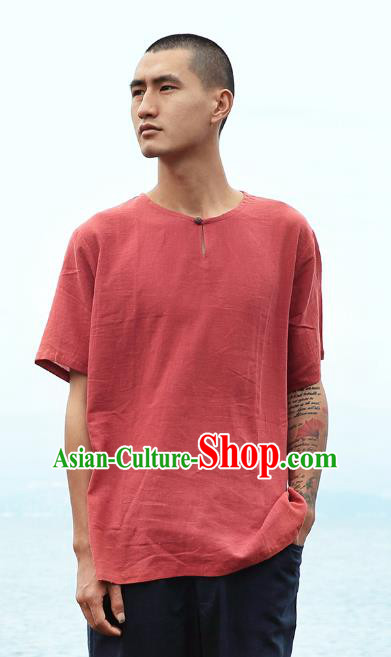 Asian China National Costume Red Linen T-Shirts, Traditional Chinese Tang Suit Coconut Buttons Upper Outer Garment Clothing for Men