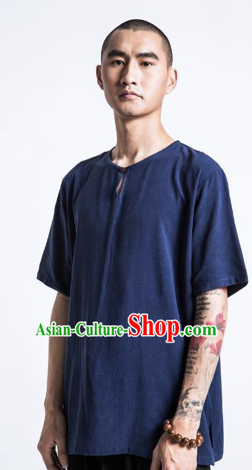 Asian China National Costume Blue Linen T-Shirts, Traditional Chinese Tang Suit Coconut Buttons Upper Outer Garment Clothing for Men
