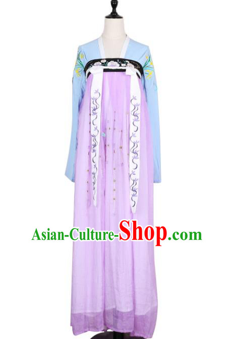 Asian China Tang Dynasty Princess Embroidered Clothing Complete Set, Traditional Ancient Chinese Palace Lady Hanfu Lilac Silp Skirt Costume for Women