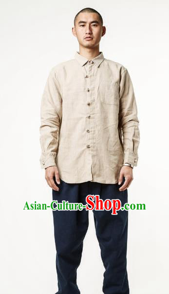 Asian China National Beige Linen Costume Martial Arts Kung Fu Shirts, Traditional Chinese Tang Suit Upper Outer Garment Clothing for Men