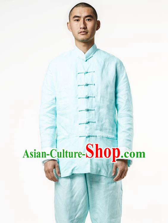 Asian China National Green Linen Costume Martial Arts Kung Fu Training Uniform, Traditional Chinese Tang Suit Shaolin Wushu Clothing for Men