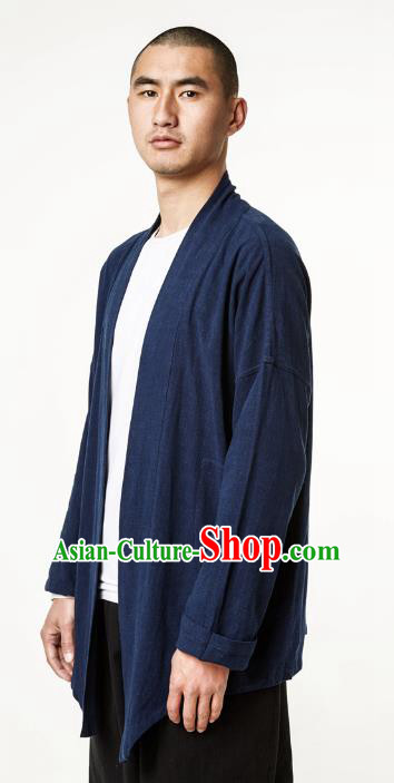 Asian China National Costume Navy Linen Cardigan, Traditional Chinese Tang Suit Coat Clothing for Men