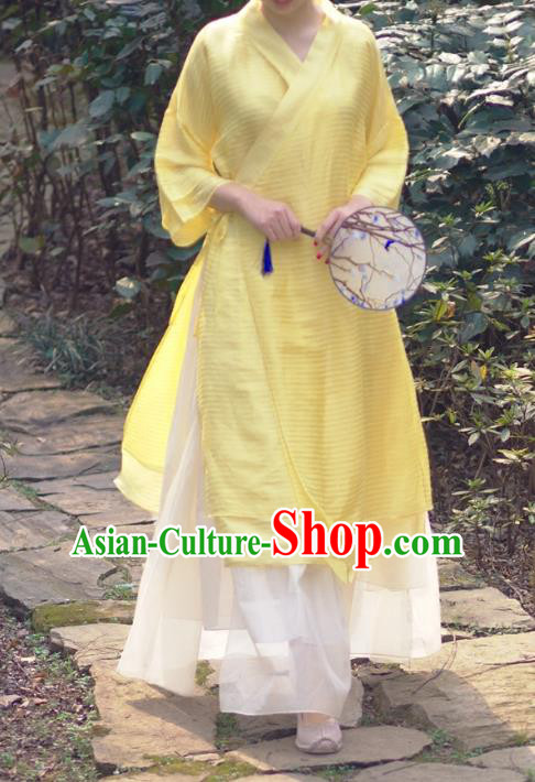 Asian China National Costume Yellow Linen Hanfu Dress, Traditional Chinese Tang Suit Slant Opening Cheongsam Clothing for Women
