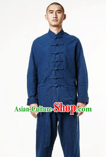 Asian China National Costume Blue Linen Shirts, Traditional Chinese Tang Suit Plated Buttons Upper Outer Garment Clothing for Men