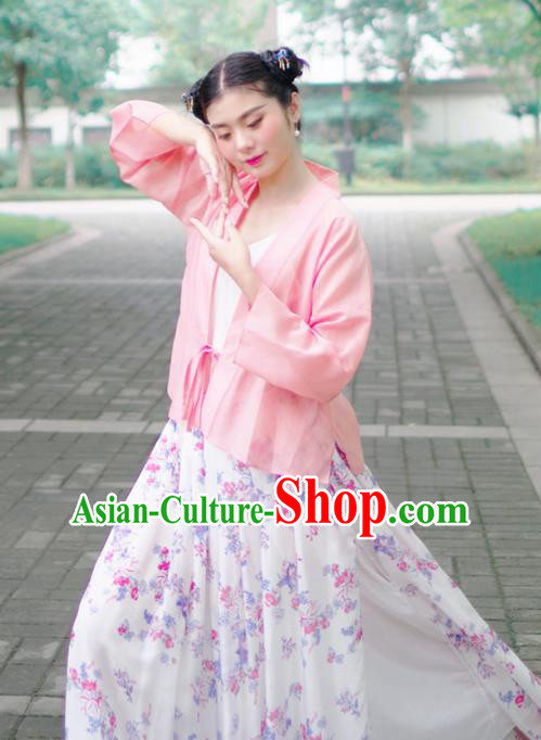 Asian China National Costume Pink Hanfu BeiZi, Traditional Chinese Tang Suit Cardigan Clothing for Women