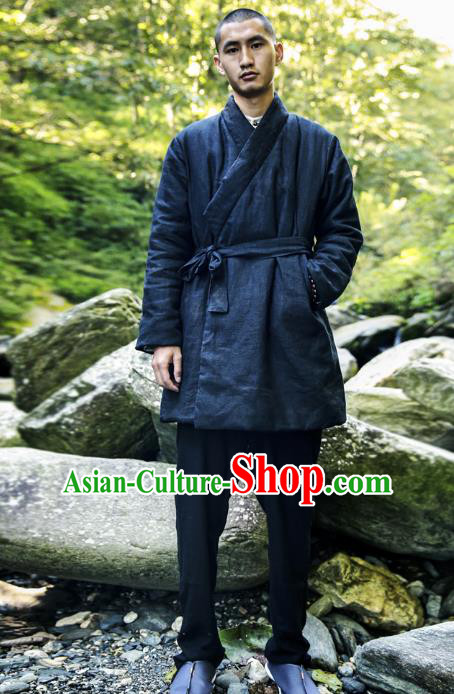 Asian China National Costume Navy Linen Cotton-padded Robe, Traditional Chinese Tang Suit Slant Opening Coat Clothing for Men